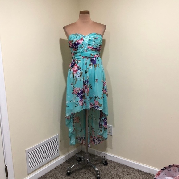 Ever Pretty High Low Dress Size US 6 Rhinestone Aqua Blue Floral Print - Picture 2 of 9